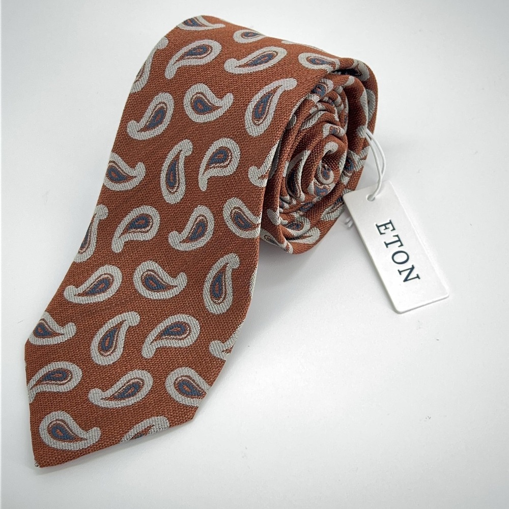 Eton Tie Mens One Size Brown Paisley 100% Silk Made‎ In Italy Dress Necktie NWT